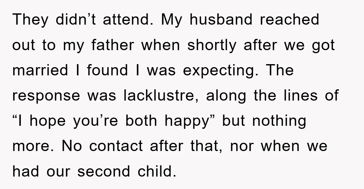 They didn’t attend. My husband reached out to my father when shortly after we got married I found I was expecting. The response was lacklustre, along the lines of “I...