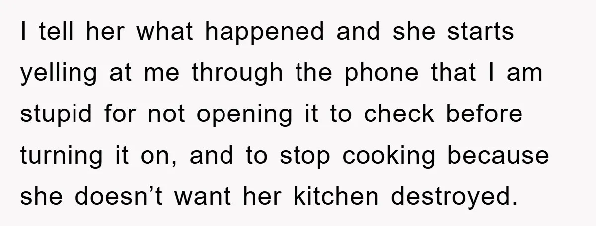 I tell her what happened and she starts yelling at me through the phone that I am stupid for not opening it to check before turning it on, and to...