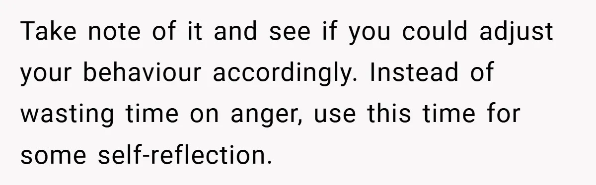 Take note of it and see if you could adjust your behaviour accordingly. Instead of wasting time on anger, use this time for some self-reflection.