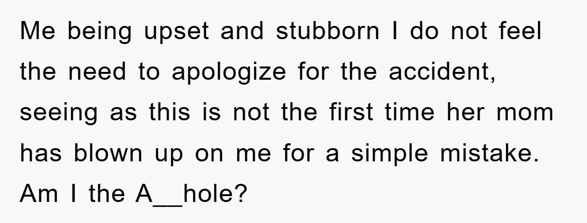 Me being upset and stubborn I do not feel the need to apologize for the accident, seeing as this is not the first time her mom has blown up on...