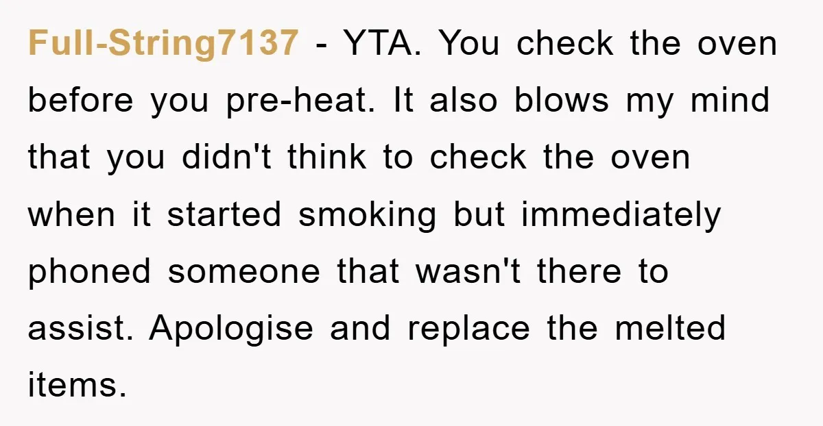 Full-String7137 − YTA. You check the oven before you pre-heat. It also blows my mind that you didn't think to check the oven when it started smoking but immediately phoned...