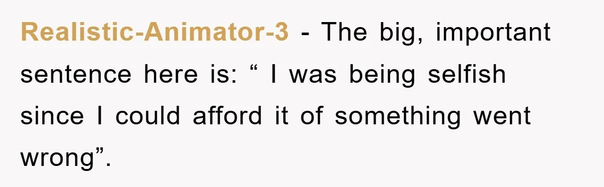 Realistic-Animator-3 − The big, important sentence here is: “ I was being selfish since I could afford it of something went wrong”.