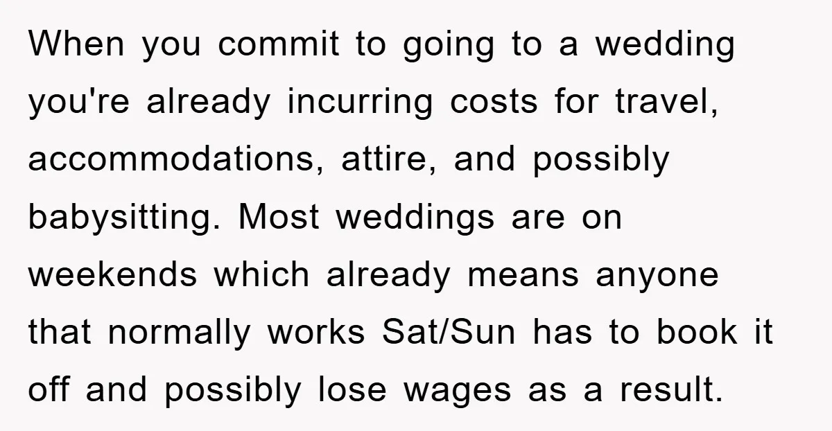 When you commit to going to a wedding you're already incurring costs for travel, accommodations, attire, and possibly babysitting. Most weddings are on weekends which already means anyone that normally...