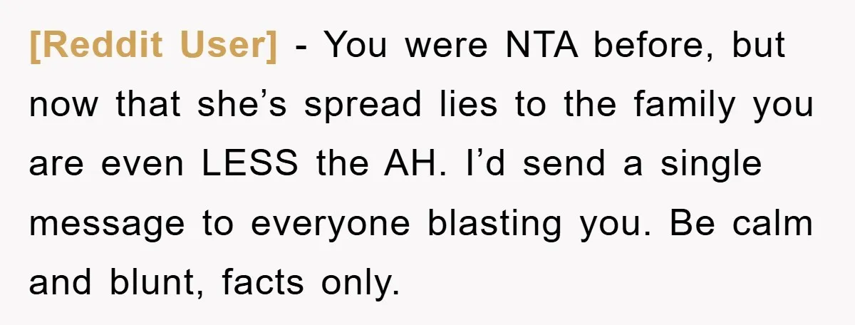 [Reddit User] − You were NTA before, but now that she’s spread lies to the family you are even LESS the AH. I’d send a single message to everyone blasting...
