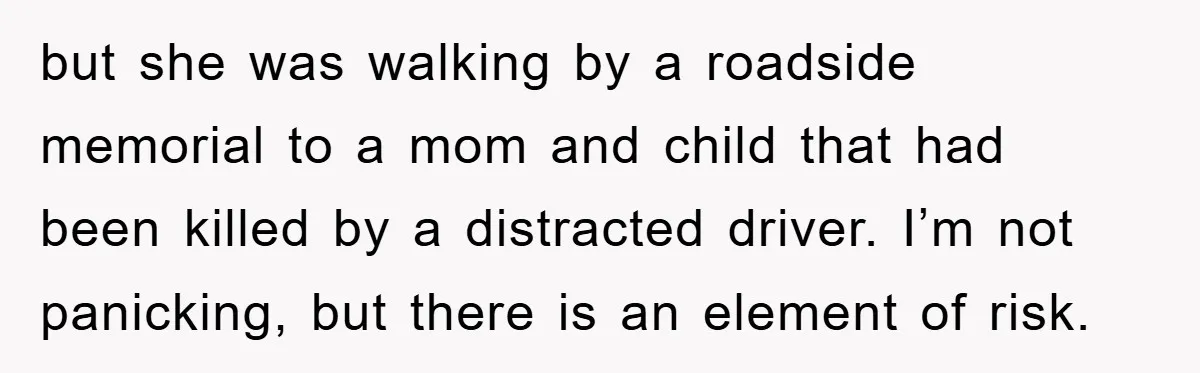 but she was walking by a roadside memorial to a mom and child that had been killed by a distracted driver. I’m not panicking, but there is an element of...
