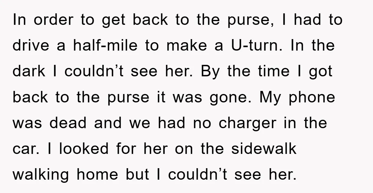 In order to get back to the purse, I had to drive a half-mile to make a U-turn. In the dark I couldn’t see her. By the time I got...