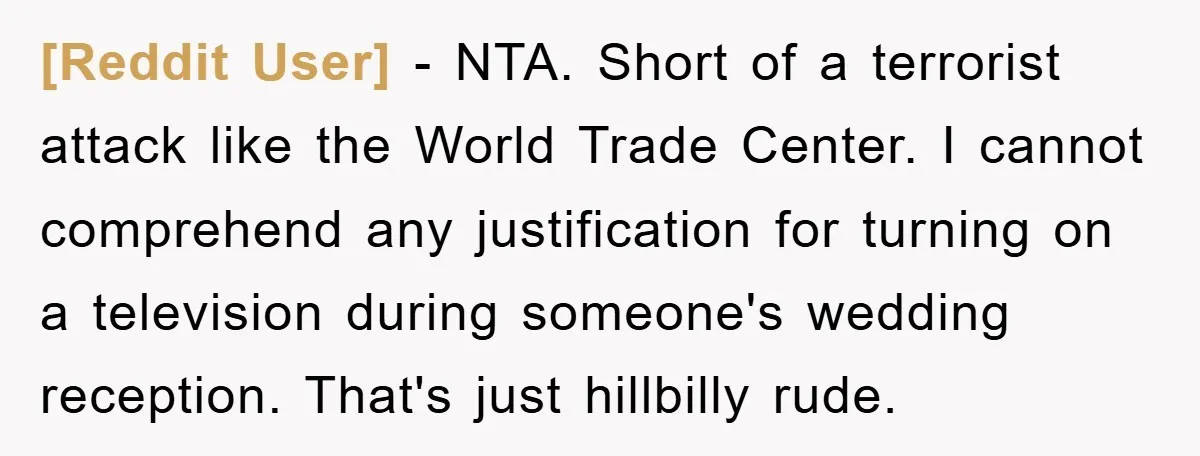 [Reddit User] − NTA. Short of a terrorist attack like the World Trade Center. I cannot comprehend any justification for turning on a television during someone's wedding reception. That's just...