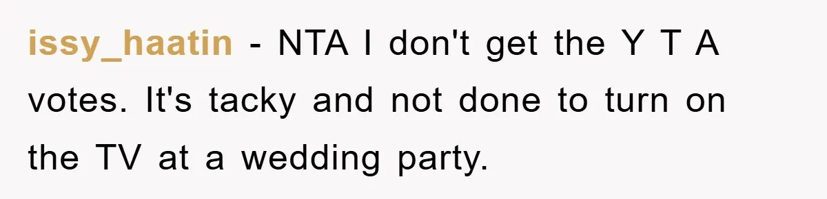 issy_haatin − NTA I don't get the Y T A votes. It's tacky and not done to turn on the TV at a wedding party.