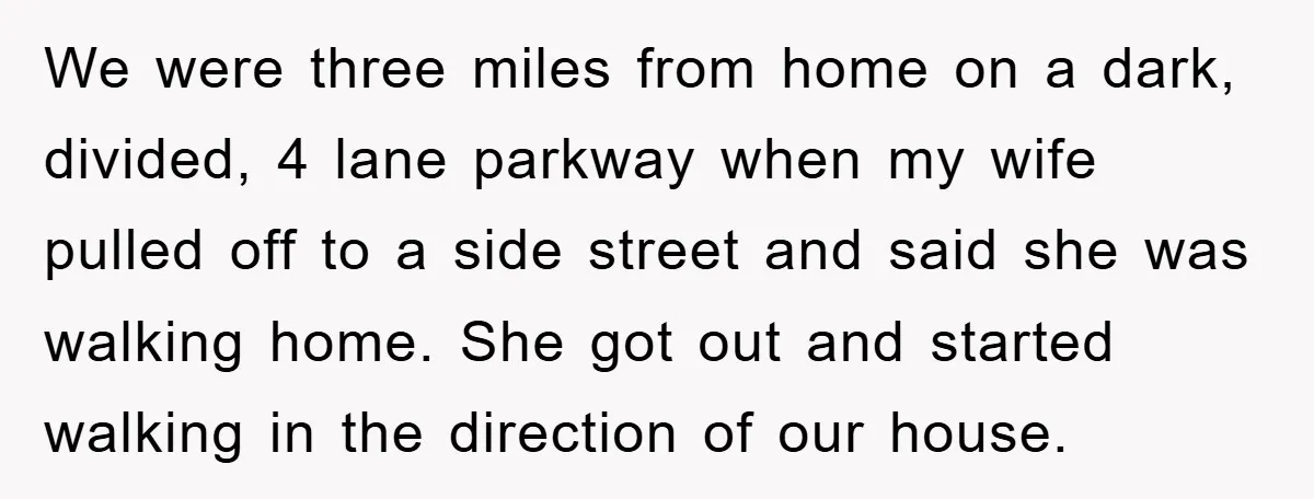We were three miles from home on a dark, divided, 4 lane parkway when my wife pulled off to a side street and said she was walking home. She got...