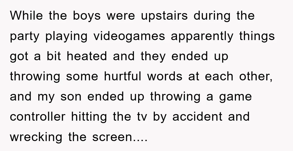 While the boys were upstairs during the party playing videogames apparently things got a bit heated and they ended up throwing some hurtful words at each other, and my son...