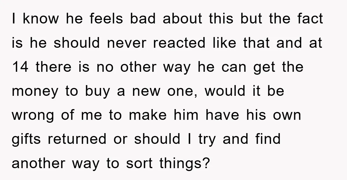 I know he feels bad about this but the fact is he should never reacted like that and at 14 there is no other way he can get the money...