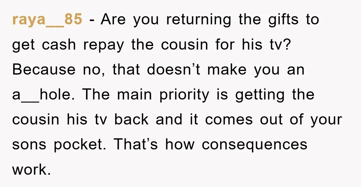 raya__85 − Are you returning the gifts to get cash repay the cousin for his tv? Because no, that doesn’t make you an a__hole. The main priority is getting the...