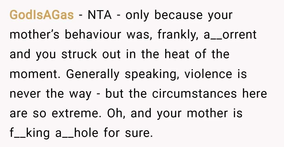 GodIsAGas − NTA - only because your mother’s behaviour was, frankly, a__orrent and you struck out in the heat of the moment. Generally speaking, violence is never the way -...