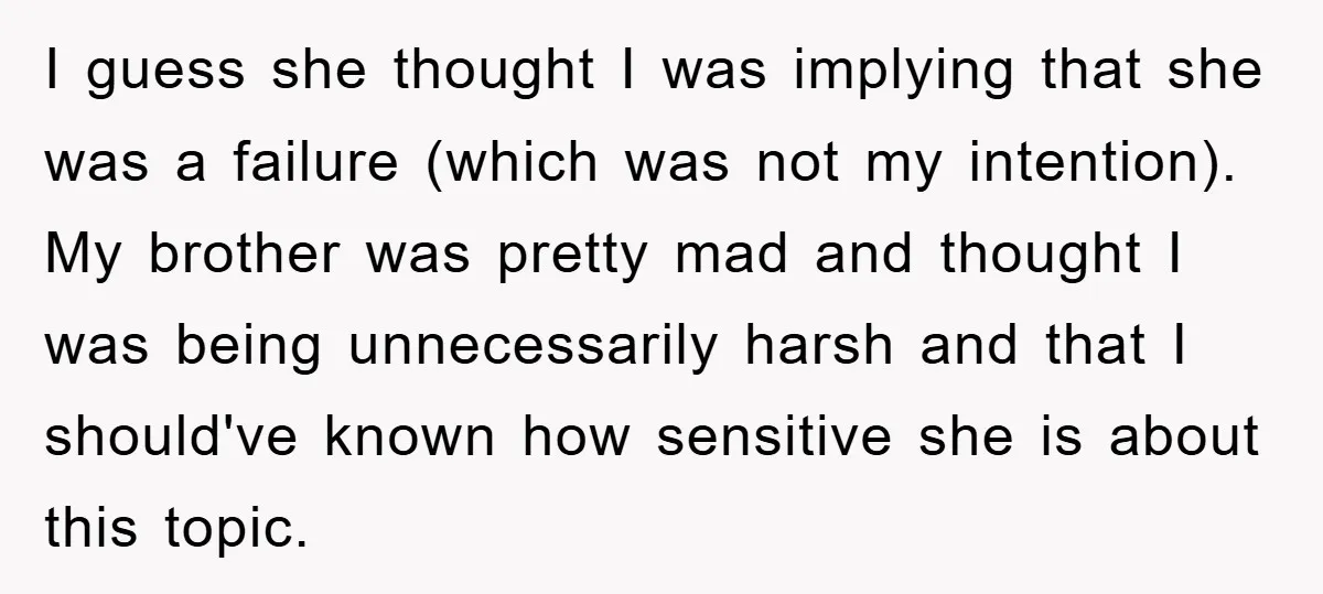I guess she thought I was implying that she was a failure (which was not my intention). My brother was pretty mad and thought I was being unnecessarily harsh and...