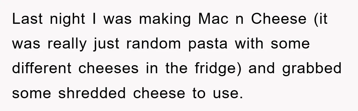 Last night I was making Mac n Cheese (it was really just random pasta with some different cheeses in the fridge) and grabbed some shredded cheese to use.