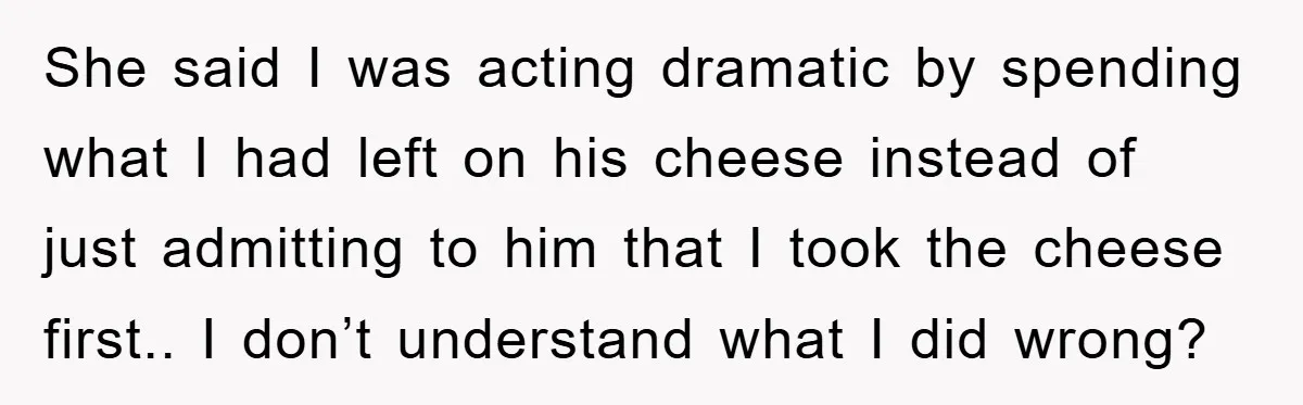 She said I was acting dramatic by spending what I had left on his cheese instead of just admitting to him that I took the cheese first.. I don’t understand...