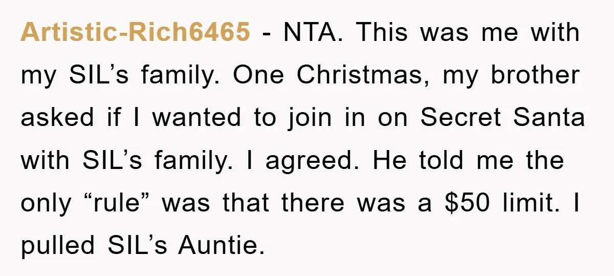 Artistic-Rich6465 − NTA. This was me with my SIL’s family. One Christmas, my brother asked if I wanted to join in on Secret Santa with SIL’s family. I agreed. He...