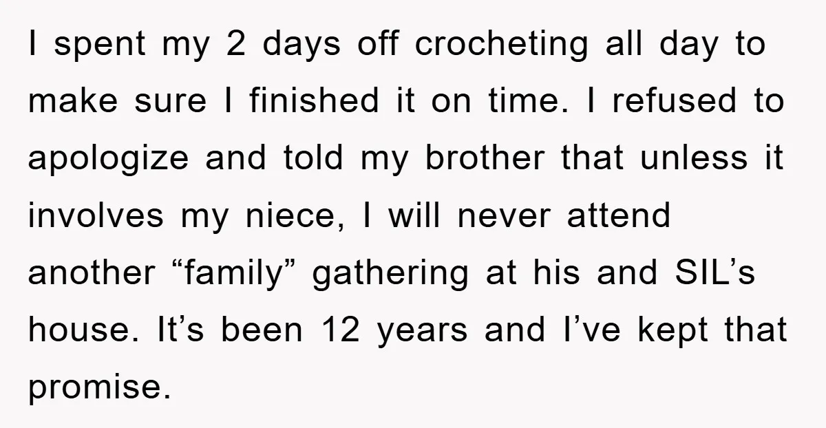 I spent my 2 days off crocheting all day to make sure I finished it on time. I refused to apologize and told my brother that unless it involves my...