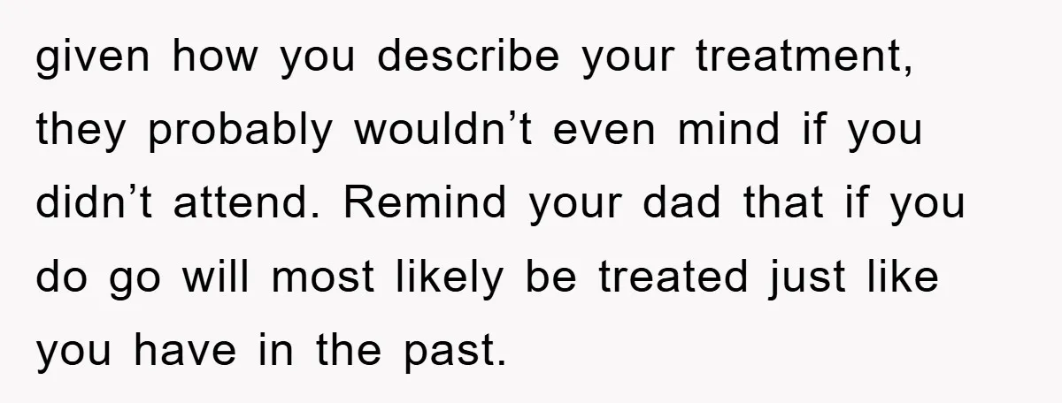 given how you describe your treatment, they probably wouldn’t even mind if you didn’t attend. Remind your dad that if you do go will most likely be treated just like...