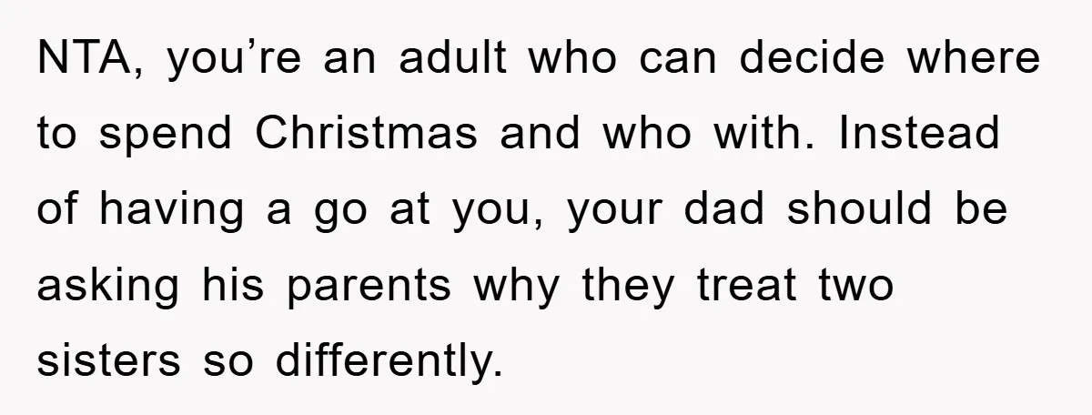 NTA, you’re an adult who can decide where to spend Christmas and who with. Instead of having a go at you, your dad should be asking his parents why they...
