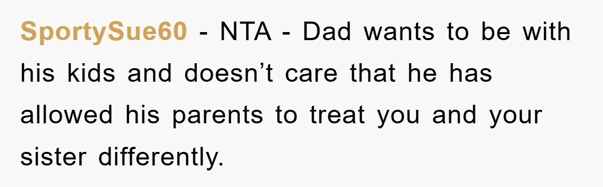 SportySue60 − NTA - Dad wants to be with his kids and doesn’t care that he has allowed his parents to treat you and your sister differently.