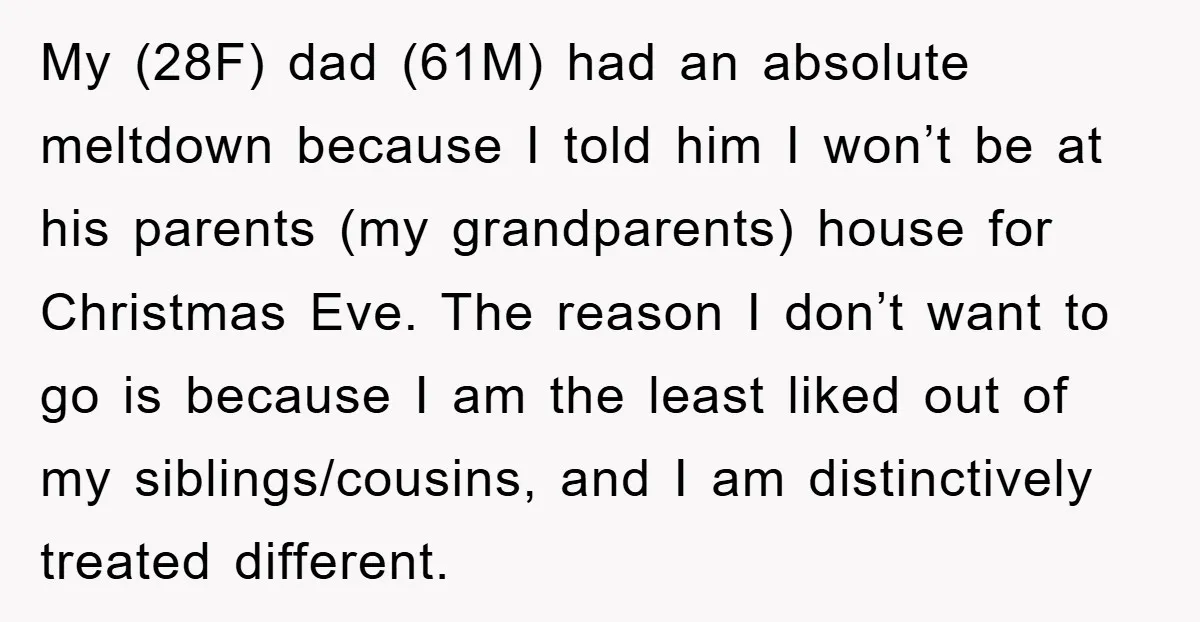 My (28F) dad (61M) had an absolute meltdown because I told him I won’t be at his parents (my grandparents) house for Christmas Eve. The reason I don’t want to...