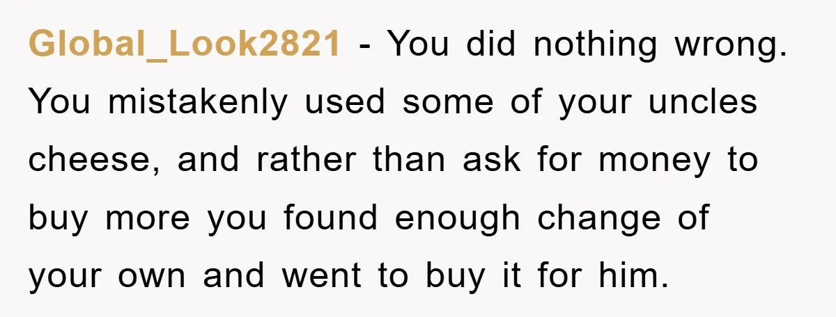 Global_Look2821 − You did nothing wrong. You mistakenly used some of your uncles cheese, and rather than ask for money to buy more you found enough change of your own...