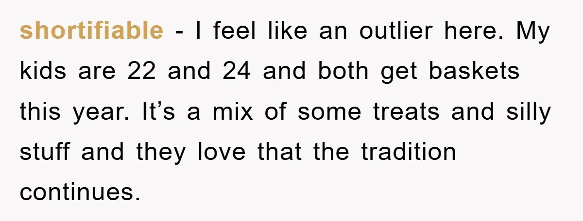 shortifiable − I feel like an outlier here. My kids are 22 and 24 and both get baskets this year. It’s a mix of some treats and silly stuff and...