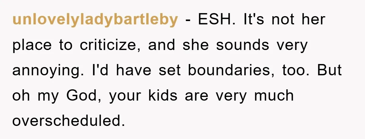 unlovelyladybartleby − ESH. It's not her place to criticize, and she sounds very annoying. I'd have set boundaries, too. But oh my God, your kids are very much overscheduled.