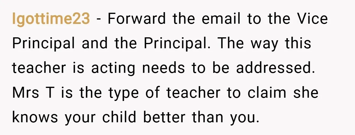 Igottime23 − Forward the email to the Vice Principal and the Principal. The way this teacher is acting needs to be addressed. Mrs T is the type of teacher to...