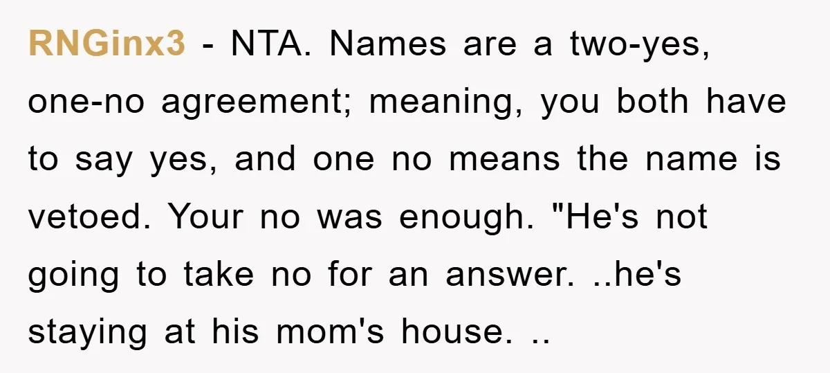 RNGinx3 − NTA. Names are a two-yes, one-no agreement; meaning, you both have to say yes, and one no means the name is vetoed. Your no was enough. "He's not...