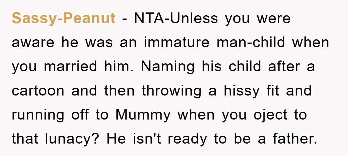Sassy-Peanut − NTA-Unless you were aware he was an immature man-child when you married him. Naming his child after a cartoon and then throwing a hissy fit and running off...