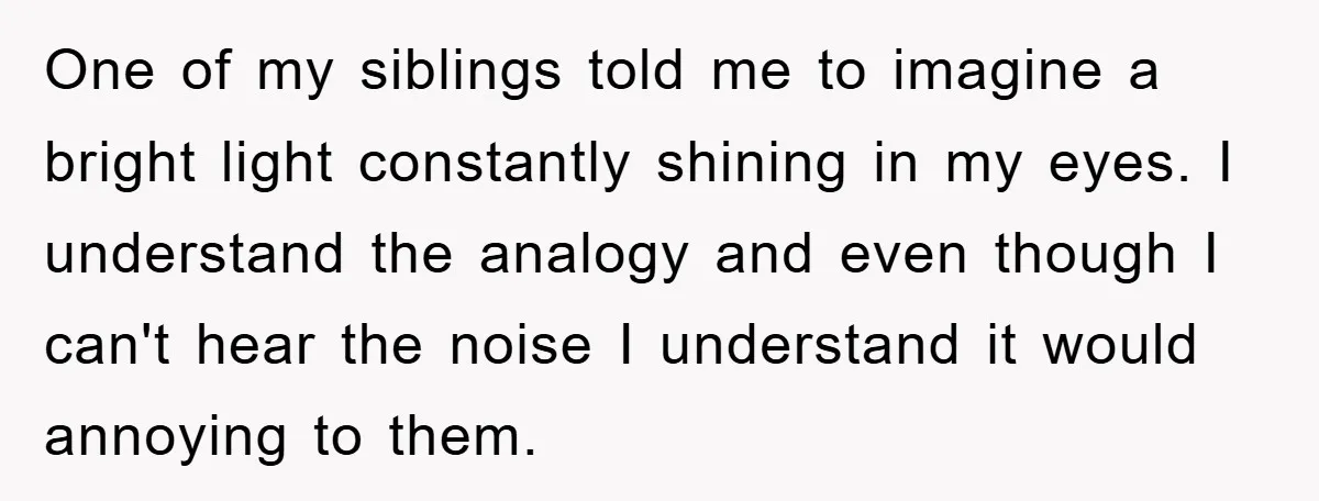 One of my siblings told me to imagine a bright light constantly shining in my eyes. I understand the analogy and even though I can't hear the noise I understand...