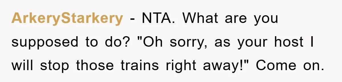 ArkeryStarkery − NTA. What are you supposed to do? "Oh sorry, as your host I will stop those trains right away!" Come on.