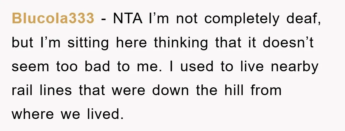 Blucola333 − NTA I’m not completely deaf, but I’m sitting here thinking that it doesn’t seem too bad to me. I used to live nearby rail lines that were down...