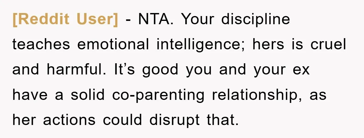 [Reddit User] − NTA. Your discipline teaches emotional intelligence; hers is cruel and harmful. It’s good you and your ex have a solid co-parenting relationship, as her actions could disrupt...