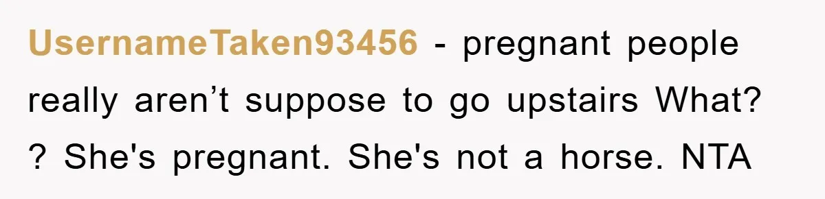 UsernameTaken93456 − pregnant people really aren’t suppose to go upstairs What? ? She's pregnant. She's not a horse. NTA