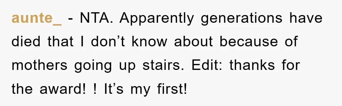 aunte_ − NTA. Apparently generations have died that I don’t know about because of mothers going up stairs. Edit: thanks for the award! ! It’s my first!