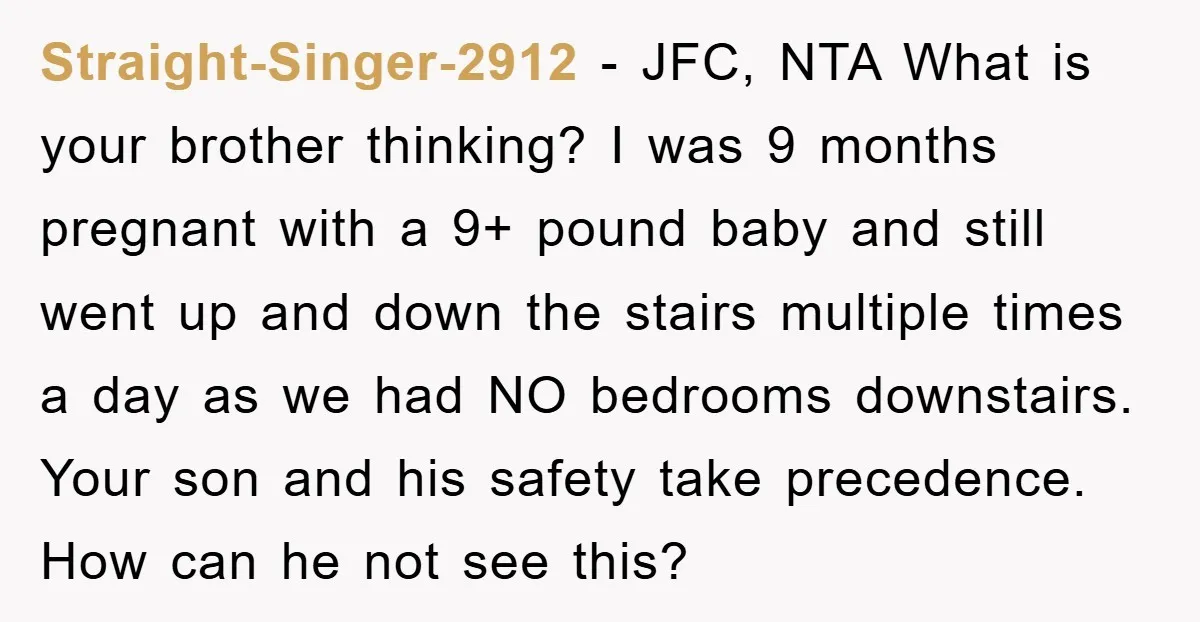 Straight-Singer-2912 − JFC, NTA What is your brother thinking? I was 9 months pregnant with a 9+ pound baby and still went up and down the stairs multiple times a...