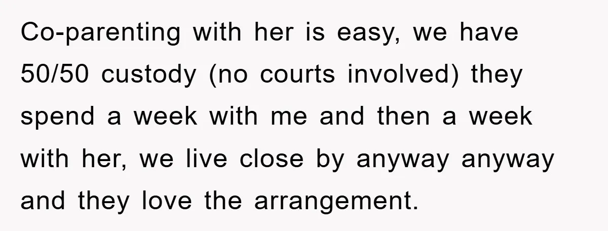 Co-parenting with her is easy, we have 50/50 custody (no courts involved) they spend a week with me and then a week with her, we live close by anyway anyway...