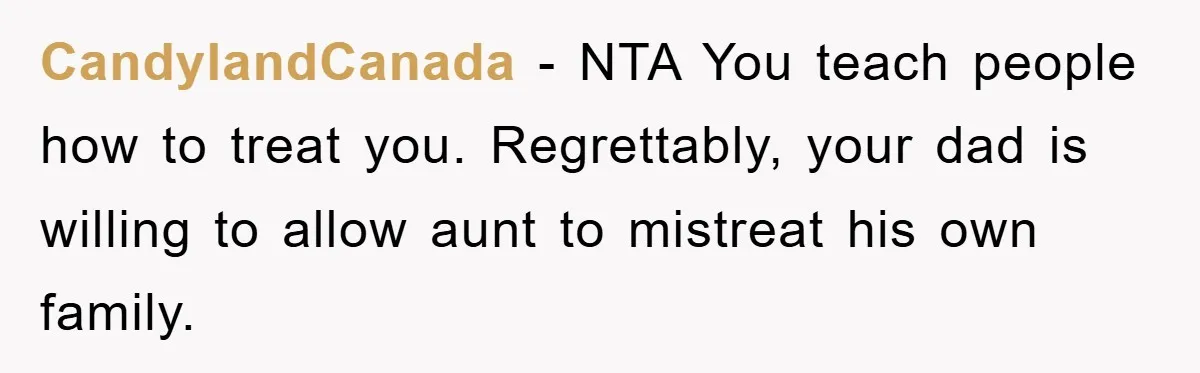CandylandCanada − NTA You teach people how to treat you. Regrettably, your dad is willing to allow aunt to mistreat his own family.