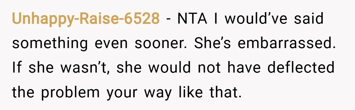 Unhappy-Raise-6528 − NTA I would’ve said something even sooner. She’s embarrassed. If she wasn’t, she would not have deflected the problem your way like that.