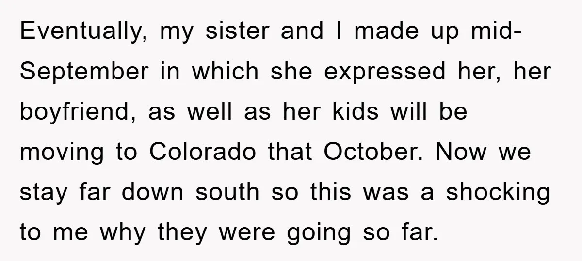 Eventually, my sister and I made up mid-September in which she expressed her, her boyfriend, as well as her kids will be moving to Colorado that October. Now we stay...