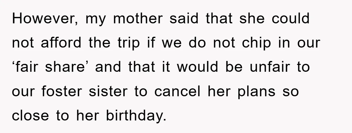 However, my mother said that she could not afford the trip if we do not chip in our ‘fair share’ and that it would be unfair to our foster sister...
