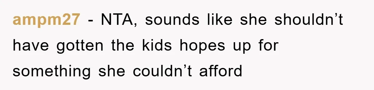 ampm27 − NTA, sounds like she shouldn’t have gotten the kids hopes up for something she couldn’t afford