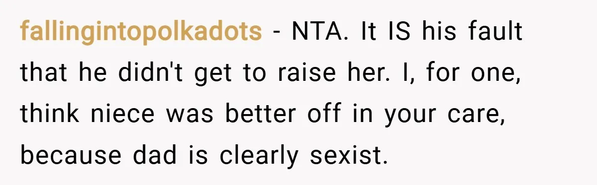 fallingintopolkadots − NTA. It IS his fault that he didn't get to raise her. I, for one, think niece was better off in your care, because dad is clearly sexist.