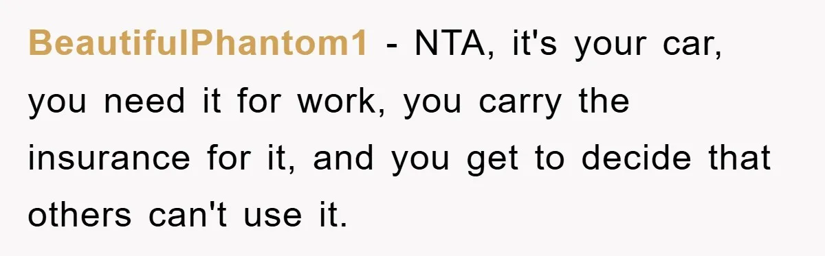 BeautifulPhantom1 − NTA, it's your car, you need it for work, you carry the insurance for it, and you get to decide that others can't use it.