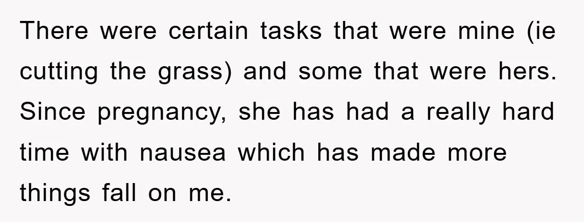There were certain tasks that were mine (ie cutting the grass) and some that were hers. Since pregnancy, she has had a really hard time with nausea which has made...