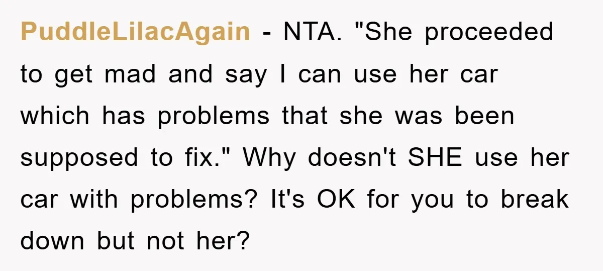 PuddleLilacAgain − NTA. "She proceeded to get mad and say I can use her car which has problems that she was been supposed to fix." Why doesn't SHE use her...