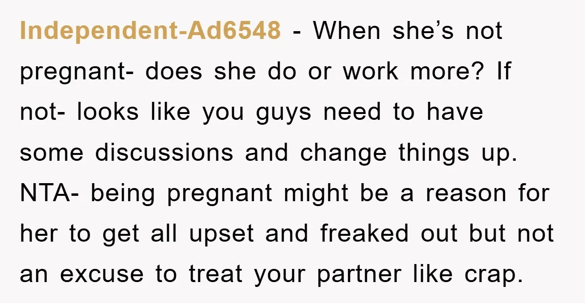 Independent-Ad6548 - When she’s not pregnant- does she do or work more? If not- looks like you guys need to have some discussions and change things up. NTA- being pregnant...